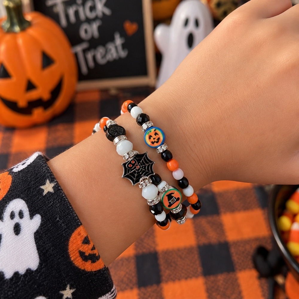 Trick or Treat Halloween Stretch Beaded Bracelet Set Spider Web Pumpkin 2pc
